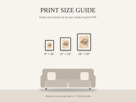 Print size guide showing 8x10, 11x14, and 16x20 framed prints at true scale beside a sofa