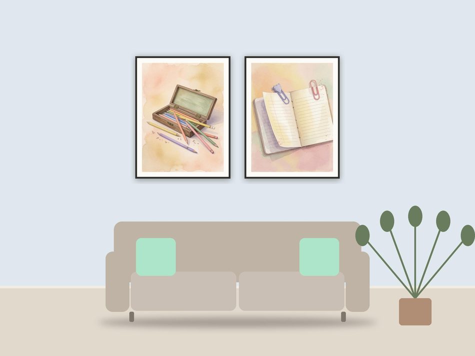 vintage school supply illustrations printable art framed above a sofa in a styled living room