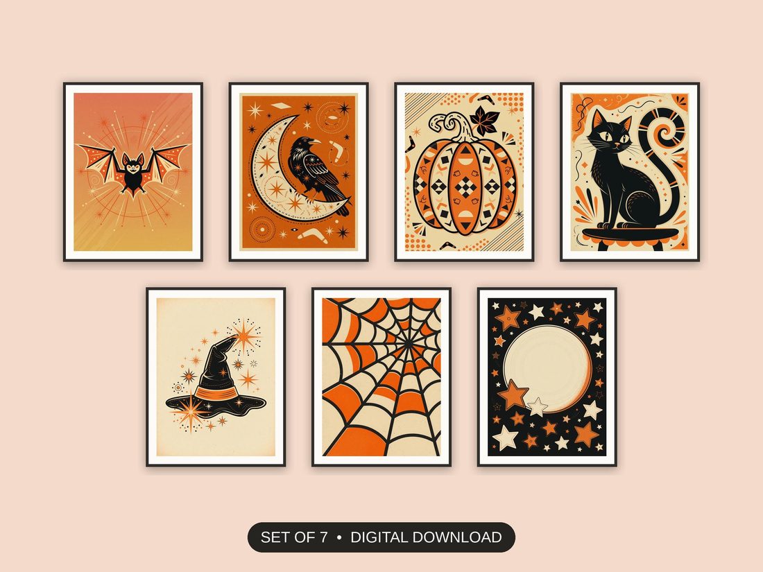 Set of 7 halloween decor and spooky season wall art printable prints shown as a gallery wall