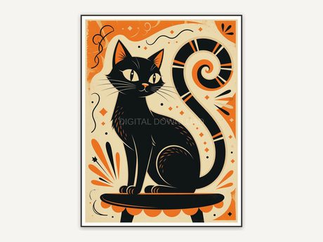 Stylized black cat retro illustration