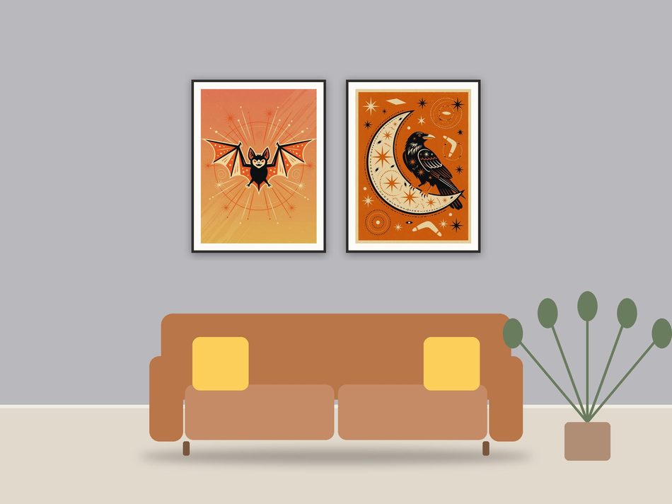 halloween decor and spooky season wall art printable art framed above a sofa in a styled living room