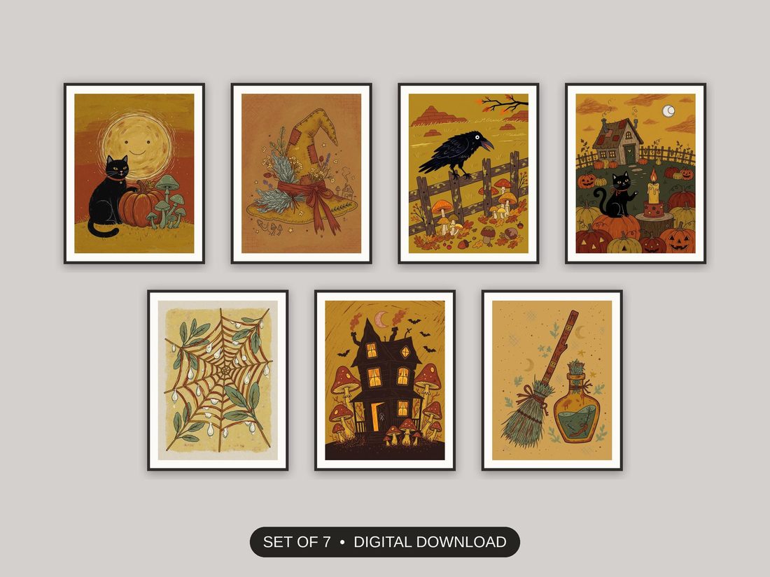 Set of 7 halloween decor and spooky season wall art printable prints shown as a gallery wall