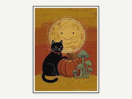Primitive folk black cat with pumpkin and mushrooms