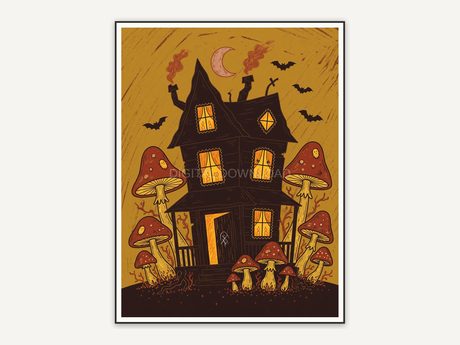 Silhouette of haunted house with glowing windows