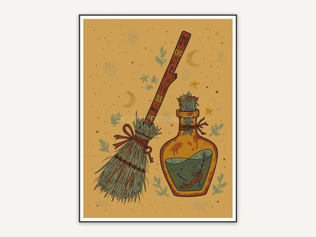 Broom and potion bottle in primitive cottagecore style