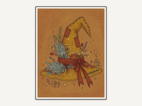 Cottagecore witch hat with sage and mustard flowers