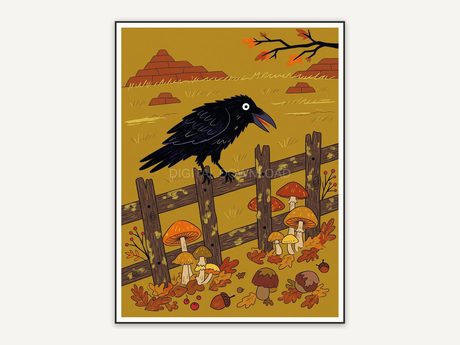 Rustic raven on fence with autumn mushrooms
