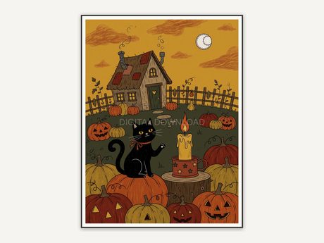 Cozy pumpkin patch scene with black cat and candle