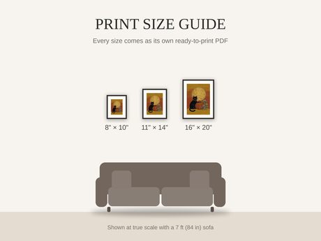 Print size guide showing 8x10, 11x14, and 16x20 framed prints at true scale beside a sofa