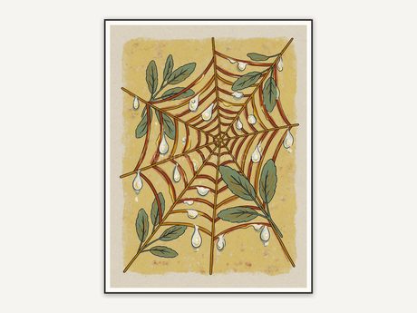 Spider web with dew and sage leaves in folk style