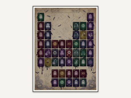 Spooky periodic table poster with ghostly element symbols in dark academia style