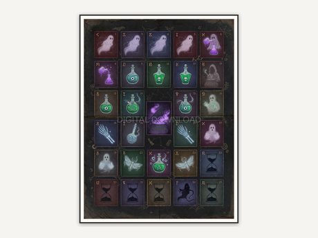 Dark academia periodic table print with subtle ghost and cauldron icons