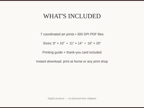 What's included: 7 art prints as 300 DPI PDFs in three sizes plus printing guide and thank-you card
