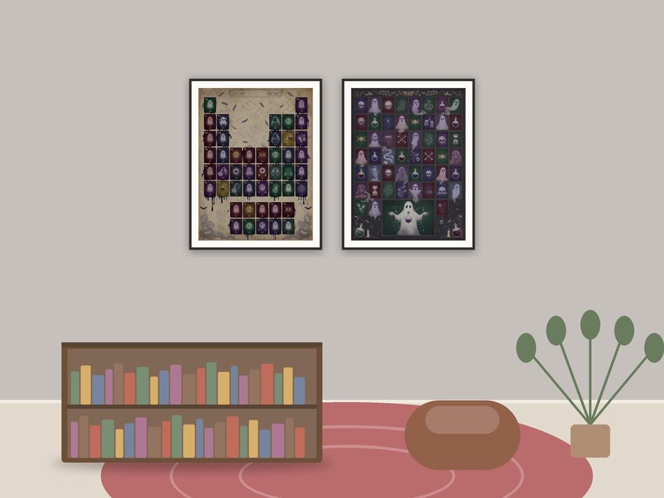 halloween science classroom decor printable art framed above a classroom reading corner with a bookshelf and rug