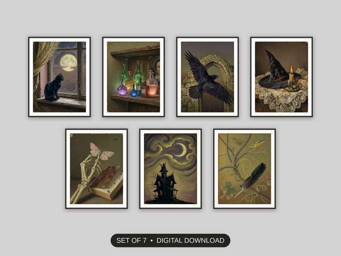 Set of 7 spooky quote printable printable prints shown as a gallery wall