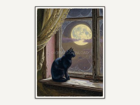 Vintage oil painting of black cat on windowsill with full moon