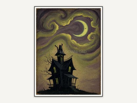 Vintage oil painting of haunted house under moon