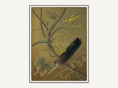 Vintage oil painting of pumpkin vine with raven feather
