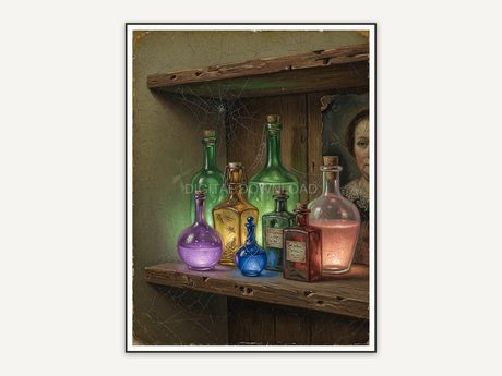 Vintage oil painting of glowing potion bottles on wooden shelf