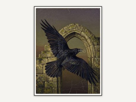 Vintage oil painting of raven against stone arch