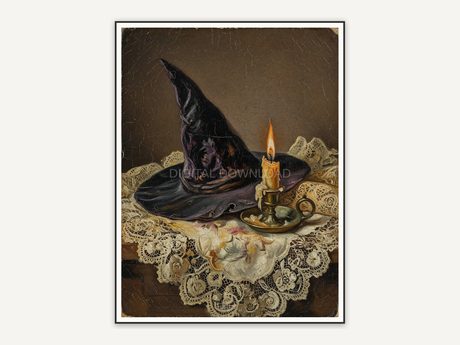 Vintage oil painting of witch hat beside candle