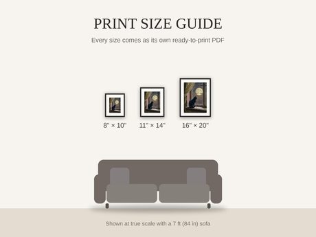 Print size guide showing 8x10, 11x14, and 16x20 framed prints at true scale beside a sofa