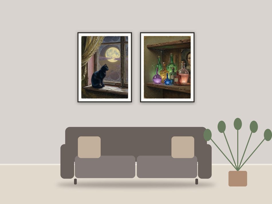 spooky quote printable printable art framed above a sofa in a styled living room