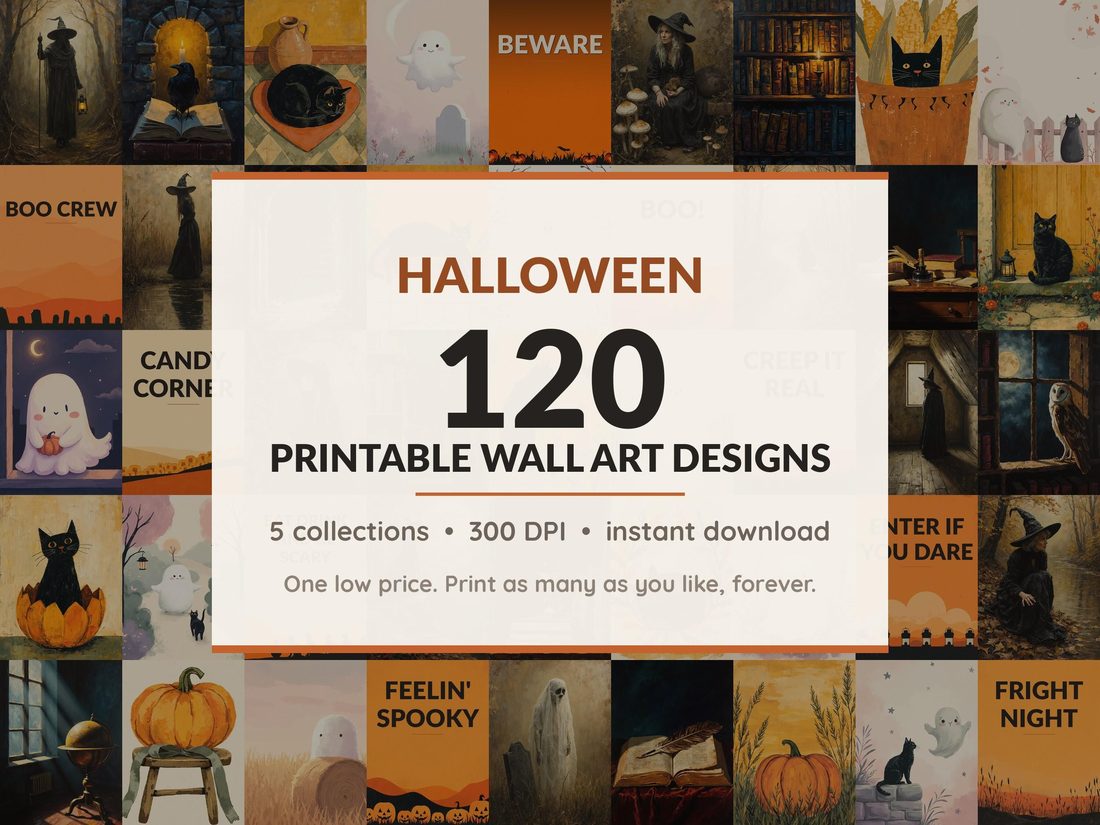 Halloween printable wall art mega bundle with 120 art prints in 5 collections: Crackled Portrait Oils, Shadowed Library Scenes, Mustard Hearth Folk, Blush Ghost Companions, Diner Night Fields