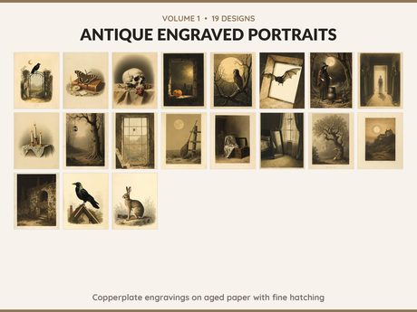 Volume 1 Antique Engraved Portraits: 19 printable Halloween art designs, copperplate engravings on aged paper with fine hatching