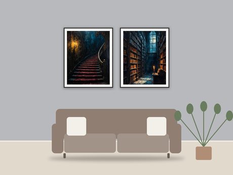 Shadowed Manor Studies printable art framed above a sofa in a styled living room