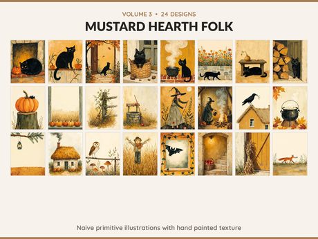 Volume 3 Mustard Hearth Folk: 24 printable Halloween art designs, naive primitive illustrations with hand painted texture