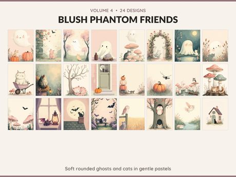 Volume 4 Blush Phantom Friends: 24 printable Halloween art designs, soft rounded ghosts and cats in gentle pastels