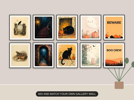 Ten Halloween prints from the bundle framed together as a gallery wall above a console table