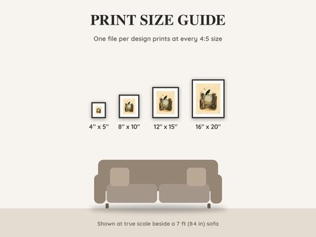 Print size guide showing 4x5, 8x10, 12x15 and 16x20 inch Halloween prints at true scale beside a sofa