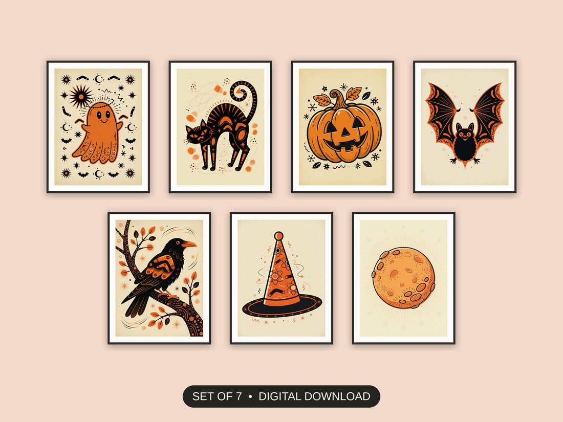 Set of 7 halloween decor printable prints shown as a gallery wall