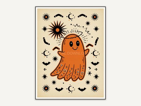 Retro mid-century ghost illustration in orange and black