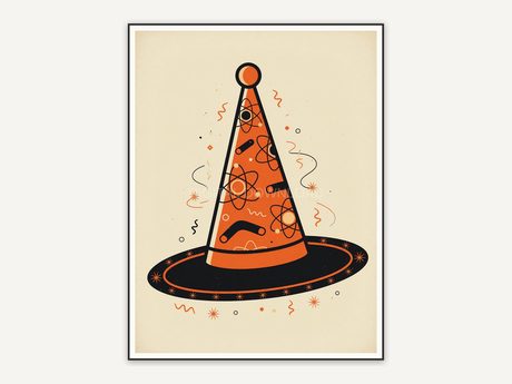 Stylized witch hat in orange and black retro palette