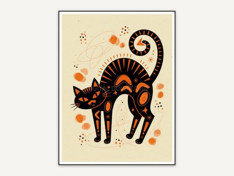 Atomic style black cat silhouette on cream background