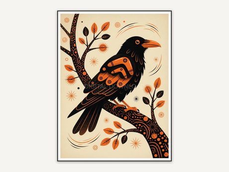 Perched raven in mid-century atomic illustration style