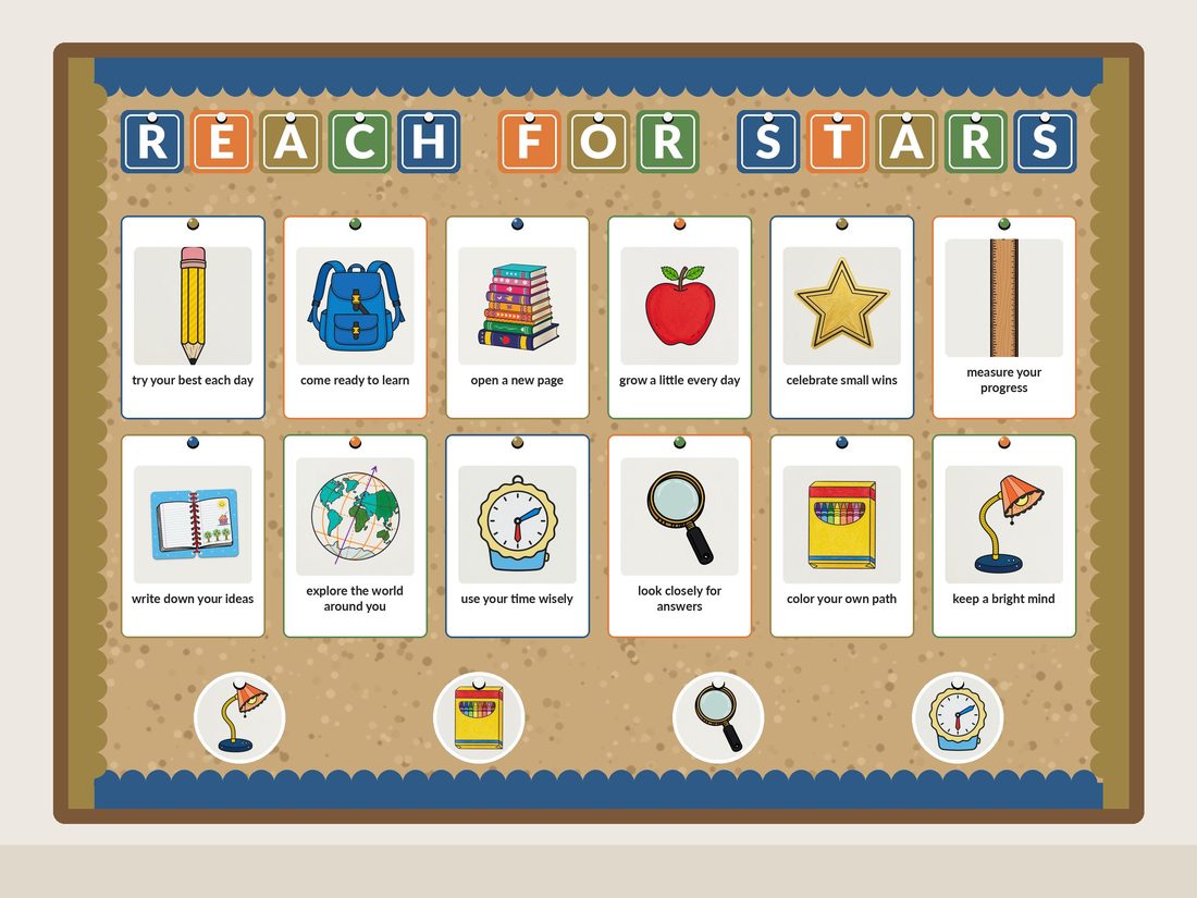 Star Achievers bulletin board kit assembled on a classroom board