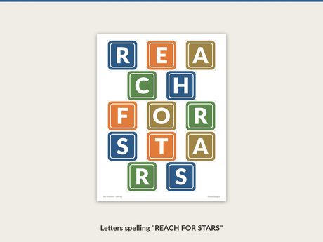 Cut-out letters spelling REACH FOR STARS