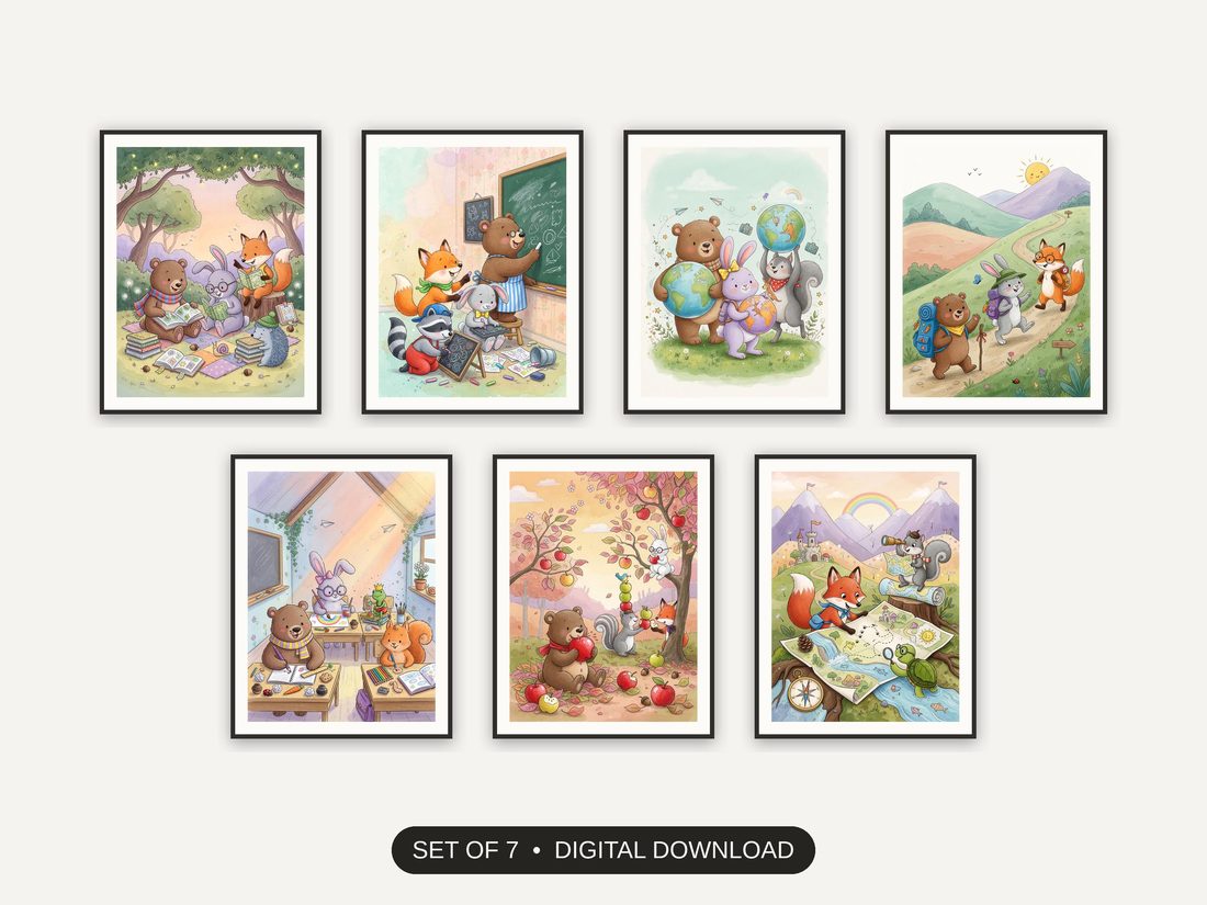 Set of 7 illustrated storybook classroom prints printable prints shown as a gallery wall