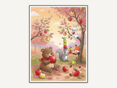 Hedgehog with apple in soft watercolor storybook style