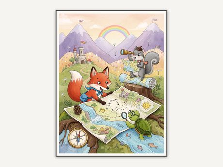 Deer exploring a map in soft watercolor storybook style