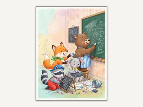 Rabbit writing on a chalkboard in soft watercolor storybook style