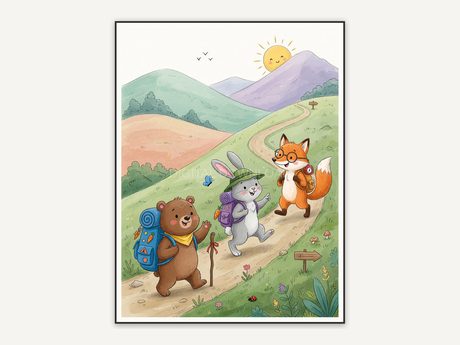 Fox with backpack in soft watercolor storybook style