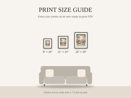 Print size guide showing 8x10, 11x14, and 16x20 framed prints at true scale beside a sofa
