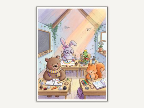 Squirrel at a desk in soft watercolor storybook style