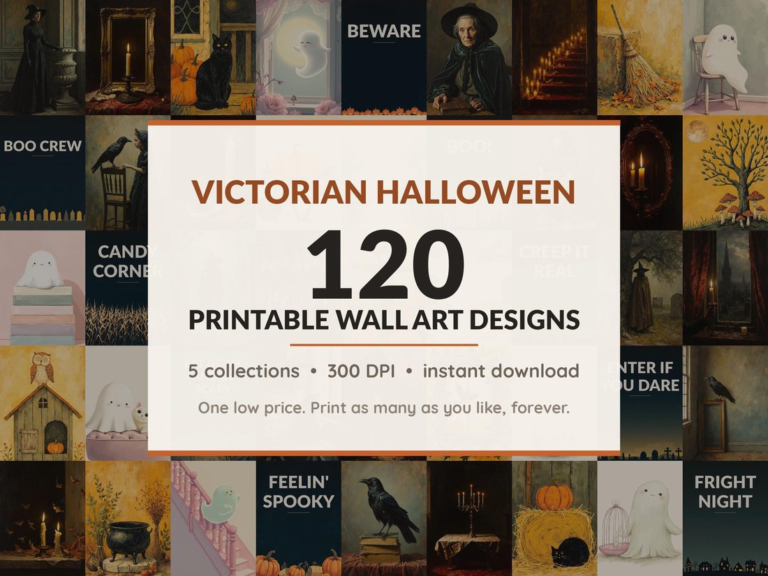 Halloween printable wall art mega bundle with 120 art prints in 5 collections: Crackled Oil Portraits, Gothic Candle Studies, Rustic Folk Harvest, Soft Specter Friends, Lantern Lettering