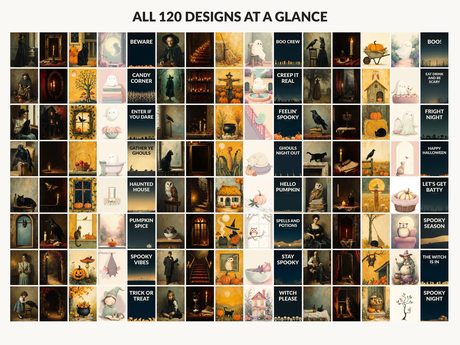 All 120 Halloween printable designs in the bundle shown together on one contact sheet